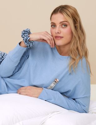 

Womens M&S Collection Cotton Rich Pyjama Set With Scrunchie - Medium Blue, Medium Blue