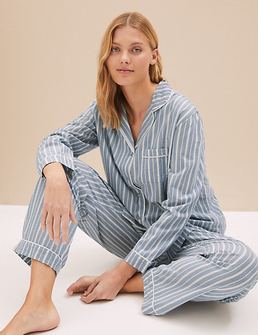 Marks And Spencer Womens Body Pure Cotton Cool Comfort Pyjama Set - Blue Mix