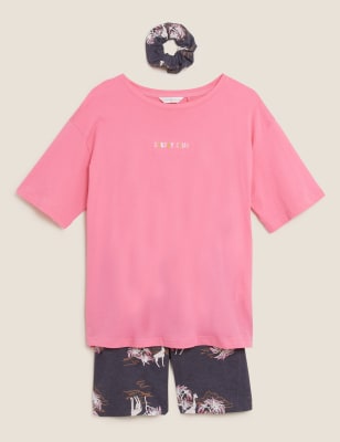 M&S Collection Cotton Rich Shortie Pyjama Set With Scrunchie - 6 - Pink Mix, Pink Mix