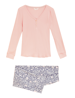 M&S Womens Pure Cotton Printed Pyjama Set - 6 - Pink Mix, Pink Mix