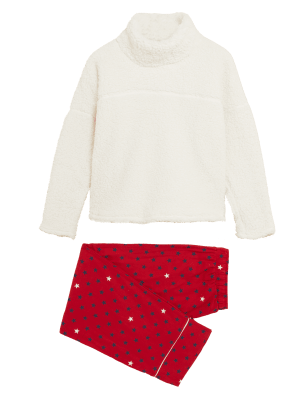 

M&S Collection Conjunto de pijama 100% algodón y borreguito de oso de pelucheWomens - Red Mix, Red Mix
