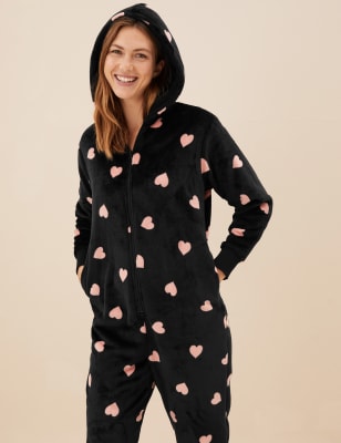 

Womens M&S Collection Fleece Heart Print Onesie - Black Mix, Black Mix