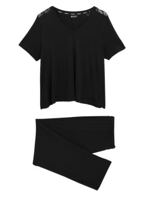 Womens Body Soft™ Lace Trim Pyjama Set - 8 - Black, Black