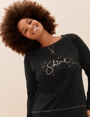 

Womens M&S Collection Pure Cotton Shine Slogan Pyjama Set - Black, Black