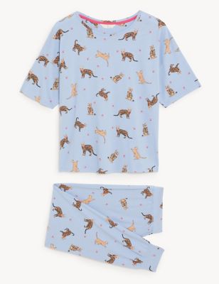 M&S Womens Cotton Rich Cat Print Pyjama Set - XS - Blue Mix, Blue Mix