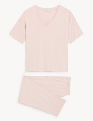 M&S Womens Cool Comfort™ Cotton Modal Lace Pyjama Set - XS - Soft Pink, Soft Pink