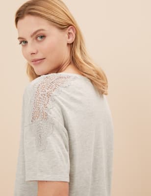 

Womens M&S Collection Schlafanzugset aus Baumwolle und Modal mit Spitze - Light Grey, Light Grey
