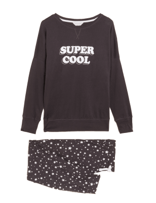 

Womens M&S Collection Schlafanzugset aus reiner Baumwolle mit Schriftzug „Super Cool“ - Black Mix, Black Mix