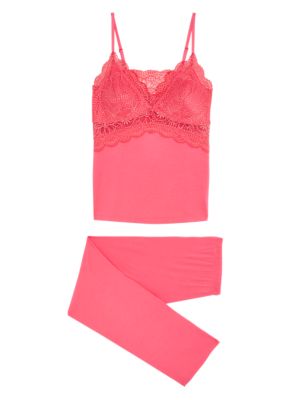 M&S Womens Lace Trim Pyjama Set - XS - Bright Pink, Bright Pink