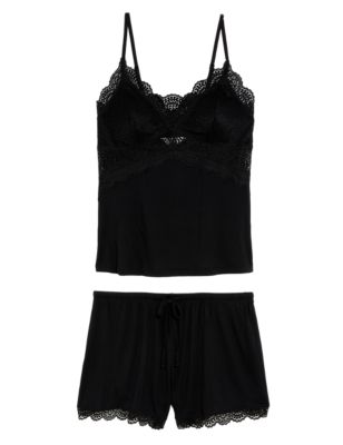 M&S Womens Lace Trim Shortie Set - Black, Black