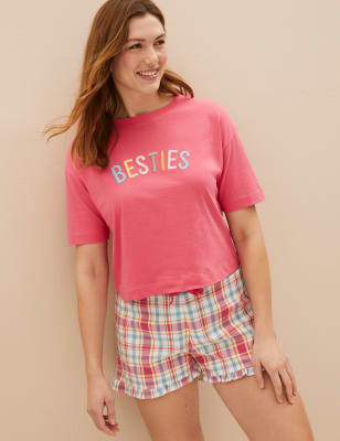 

Womens M&S Collection Pure Cotton Besties Slogan Shortie Set - Pink Mix, Pink Mix