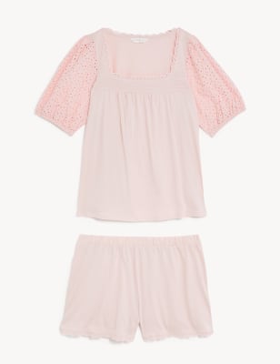 Pure Cotton Broderie Trim Shortie Set