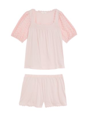 M&S Womens Pure Cotton Broderie Trim Shortie Set - XS - Soft Pink, Soft Pink