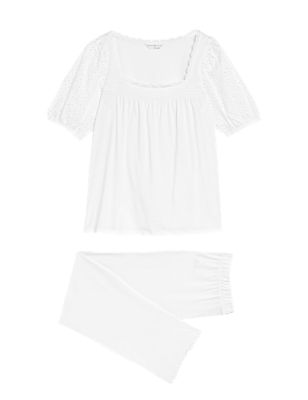 M&S Womens Pure Cotton Broderie Pyjama Set - White, White