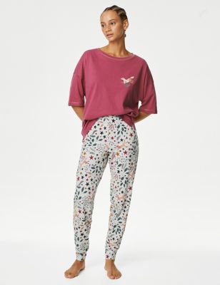 Cotton Rich Fox Print Cuffed Hem Pyjama Set - AL
