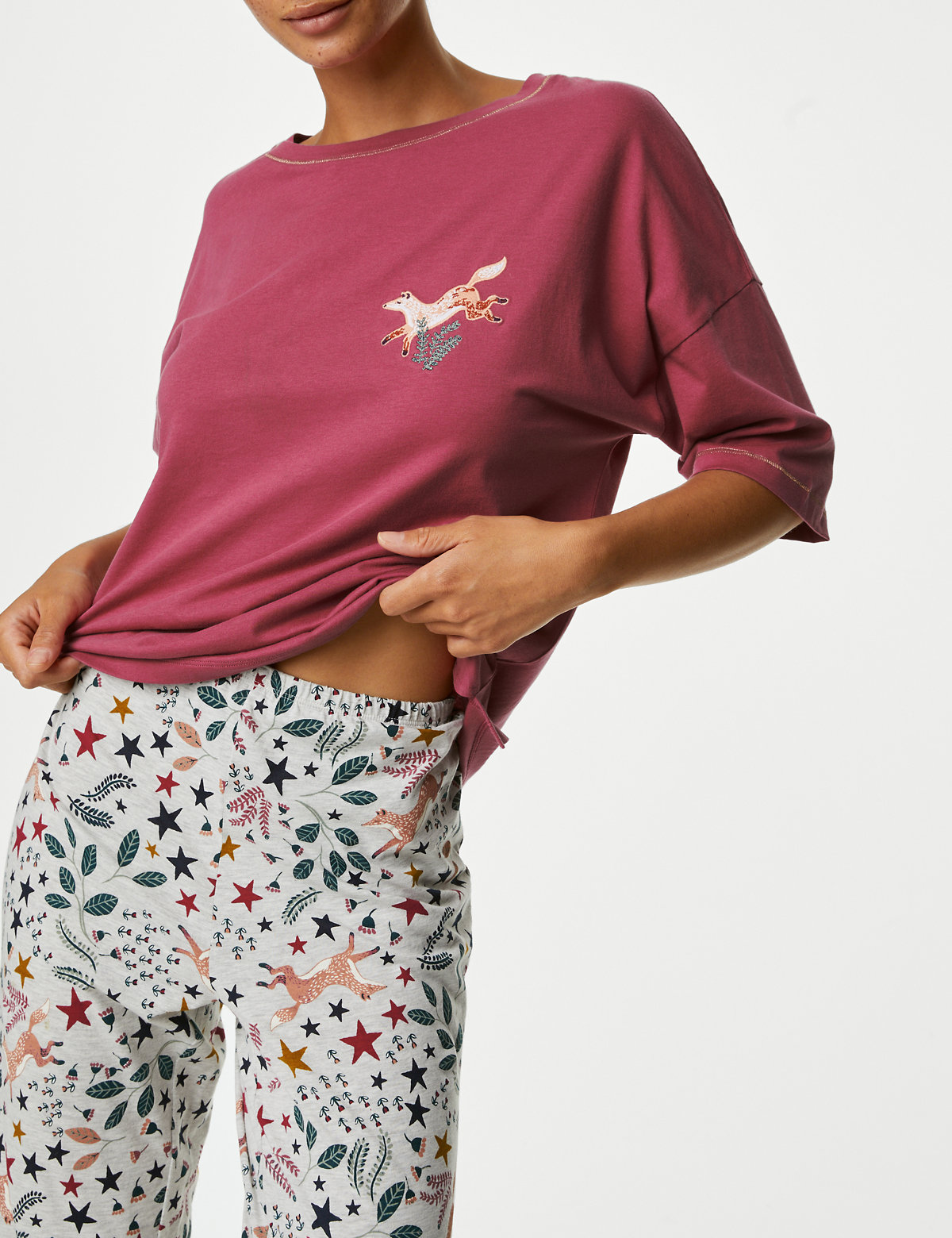 Cotton Rich Fox Print Cuffed Hem Pyjama Set