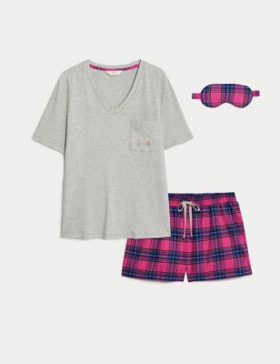 Cotton Rich Checked Shortie Set with Eye Mask