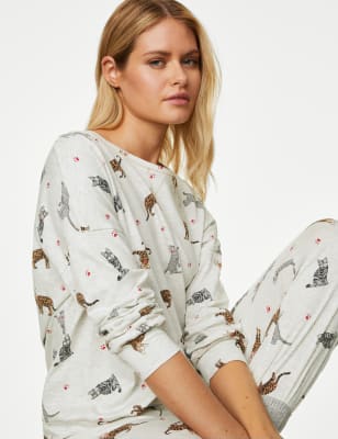 

Womens M&S Collection Cotton Rich Cat Print Pyjama Set - Oatmeal, Oatmeal