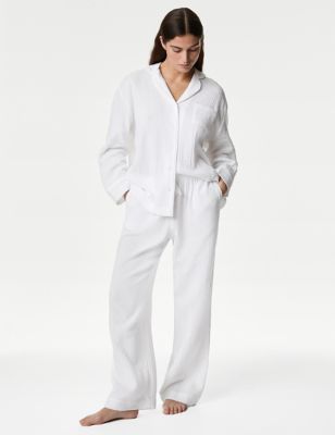 M&S Womens Pure Cotton Revere Pyjama Set - 6 - White, White