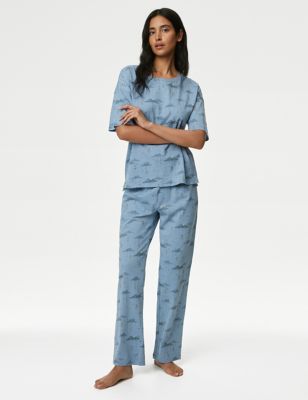 M&S Womens Pure Cotton Eid Print Pyjama Set - XS - Blue Mix, Blue Mix