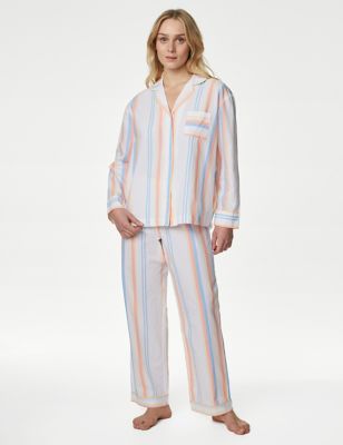 M&S Womens Pure Cotton Striped Pyjama Set - 8 - Ivory Mix, Ivory Mix