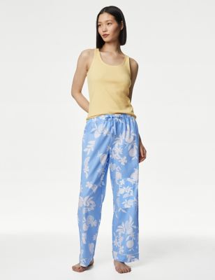 M&S Women's Cotton Rich Ribbed Printed Pyjama Set - 6 - Cornflower Mix, Cornflower Mix,Pink Mix