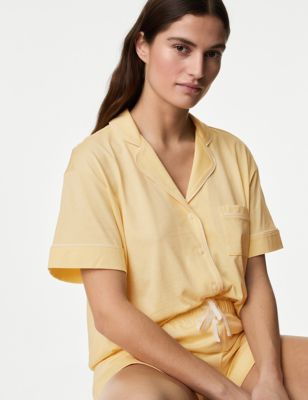 M&S Womens Cool Comfort Cotton Modal Shortie Set - Pale Yellow, Pale Yellow,Navy