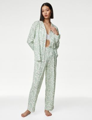 M&S Womens Cool Comforttm Cotton Modal Printed Pyjama Set - Green Mix, Green Mix