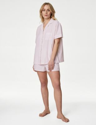 Body By M&S Women's Cool Comfort Pure Cotton Striped Shortie Set - 6 - Soft Pink, Soft Pink,Light B