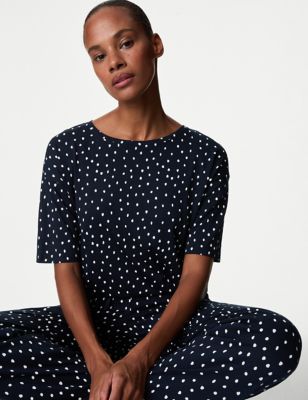 M&S Womens Cotton Modal Polka Dot Pyjama Set - XS - Navy Mix, Navy Mix