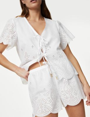M&S Womens Pure Cotton Embroidered Shortie Set - 16 - White, White