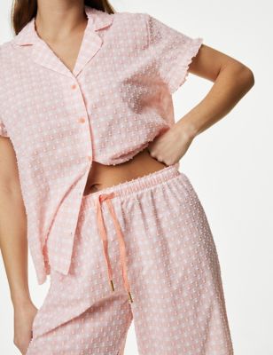M&S Womens Pure Cotton Gingham Pyjama Set - 8 - Orange Mix, Orange Mix