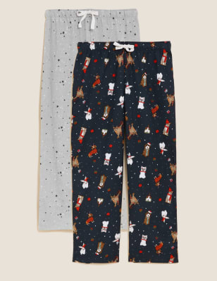 

Womens M&S Collection 2er-Pack Schlafanzughosen aus reiner Baumwolle „Santa Paws“ - Navy Mix, Navy Mix