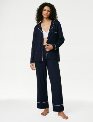 M&S Womens Cool Comfort TM Cotton Modal Pyjama Set - 8 - Navy Mix, Navy Mix