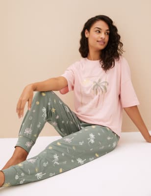 

Womens M&S Collection Pure Cotton Palm Cuffed Hem Pyjama Bottoms - Dusty Green, Dusty Green