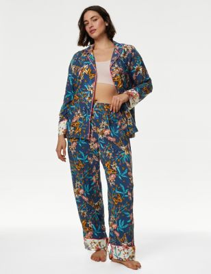 M&S Womens Floral Pyjama Bottoms - 8LNG - Dark Blue, Dark Blue