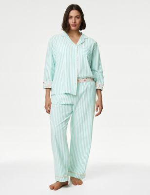 M&S Womens Cool Comforttm Pure Cotton Striped Pyjama Bottoms - 6SHT - Sea Green, Sea Green