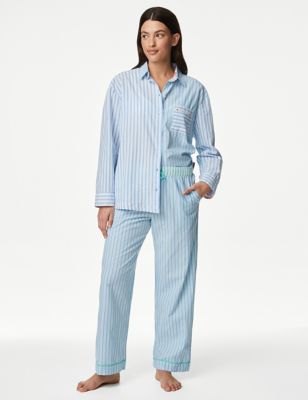 M&S Womens Cool Comforttm Pure Cotton Striped Pyjama Bottoms - 10REG - Blue Mix, Blue Mix