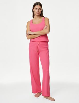 M&S Women's Cotton Rich Ribbed Lounge Pants - XSSHT - Watermelon, Watermelon,Ivory Mix