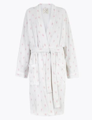 Robe de chambre en coton gaufr&eacute; et imprim&eacute; feuille