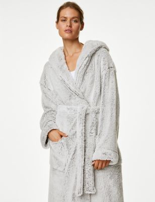 M&S Womens Fleece Hooded Dressing Gown - XL - Grey, Grey