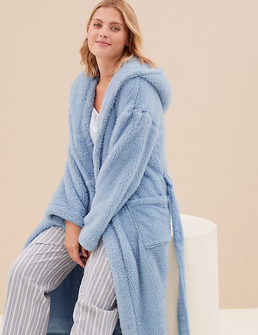 Marks And Spencer Womens M&S Collection Fleece Hooded Long Dressing Gown - Light Blue