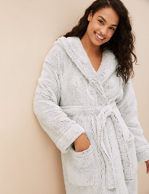 Marks And Spencer Womens M&S Collection Fleece Hooded Dressing Gown - Light Grey