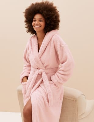 Pink fluffy dressing gown hotsell with hood