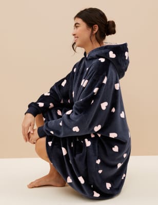 

Womens M&S Collection Extra großer Fleece-Hoodie mit Herzmuster - Navy Mix, Navy Mix
