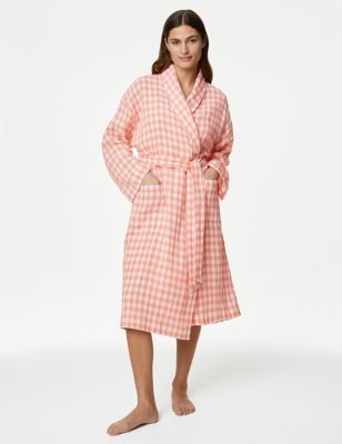 M&S Womens Muslin Checked Dressing Gown - XS - Apricot, Apricot