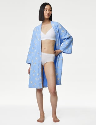 M&S Women's Pure Cotton Waffle Printed Dressing Gown - XS - Cornflower Mix, Cornflower Mix,Ivory Mix