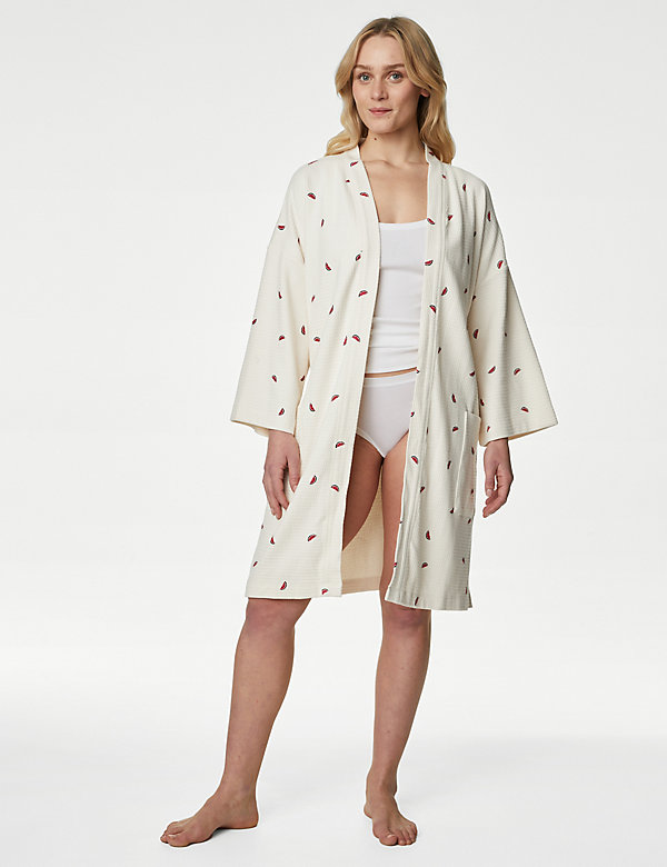 Pure Cotton Waffle Printed Dressing Gown - HK
