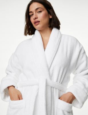 M&S Womens Pure Cotton Towelling Dressing Gown - XS - White, White,Soft Pink