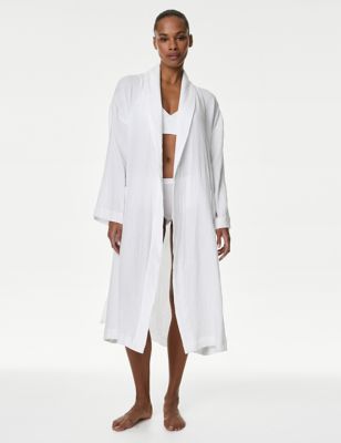 M&S Womens Pure Cotton Muslin Textured Dressing Gown - XS - White, White